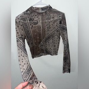 Sheer bandanna print long sleeve crop top
